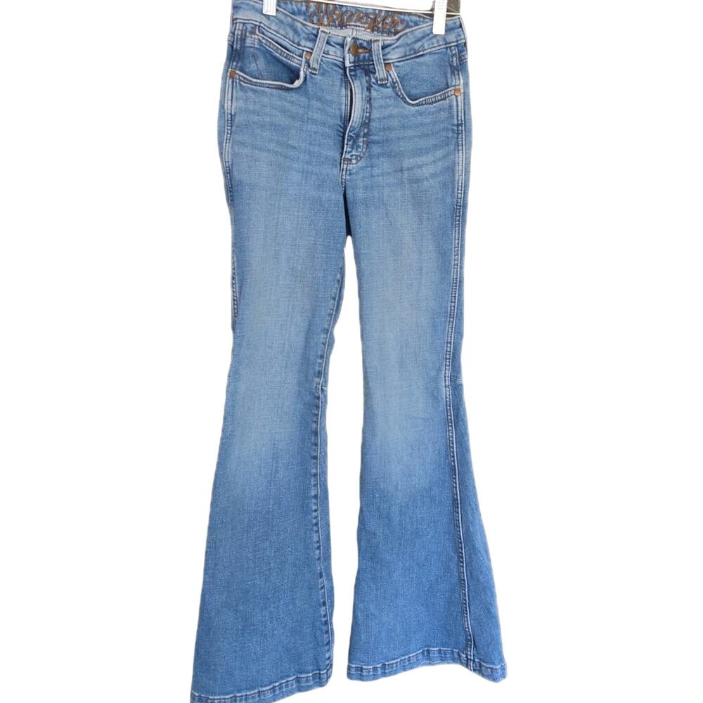 Wrangler Retro Jeans Thick Stitch Flare Womens 25 Bell Bottom Leather Patch Blue